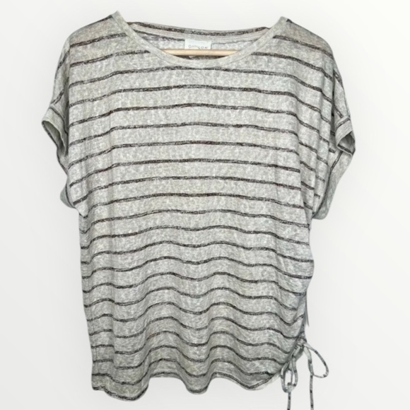 Caslon Women Beige Striped Short Sleeve Drawstring T-Shirt Size L Oatmeal - Picture 1 of 11